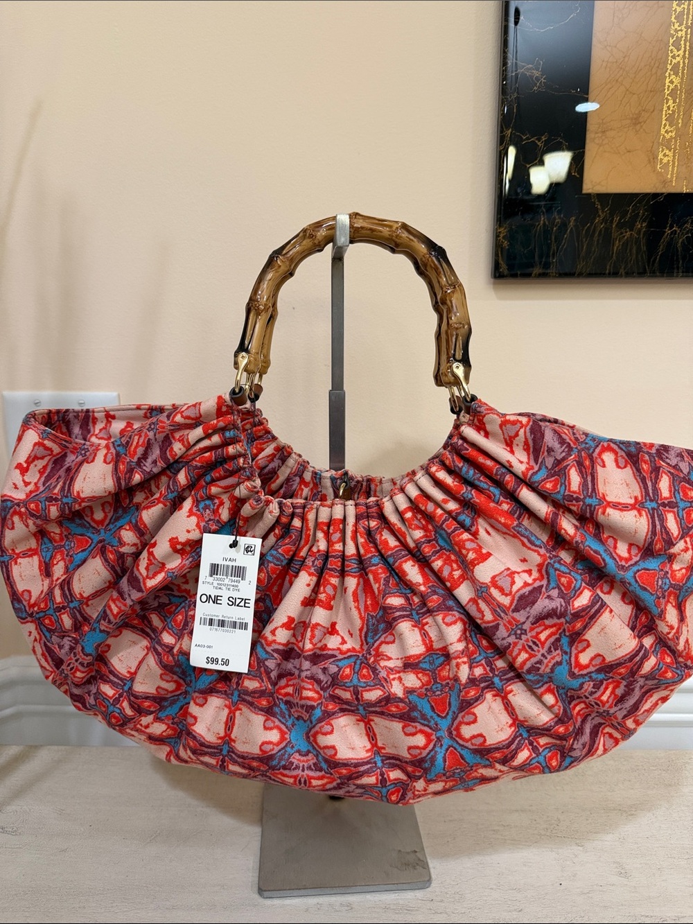 Red Patterned Gathered Tote with Bamboo Handles